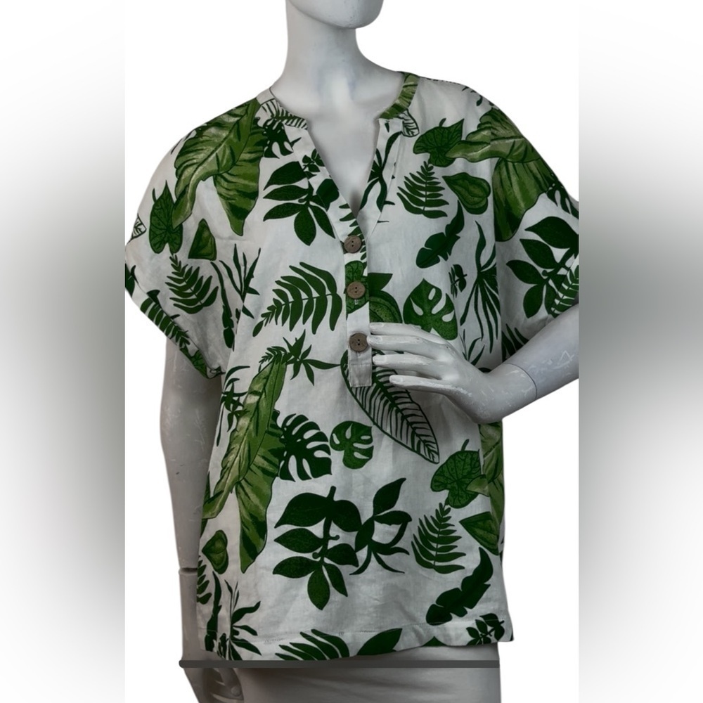 Calligraphie Anthropologie Tropical Linen short Sleeve Top Size XL. E87